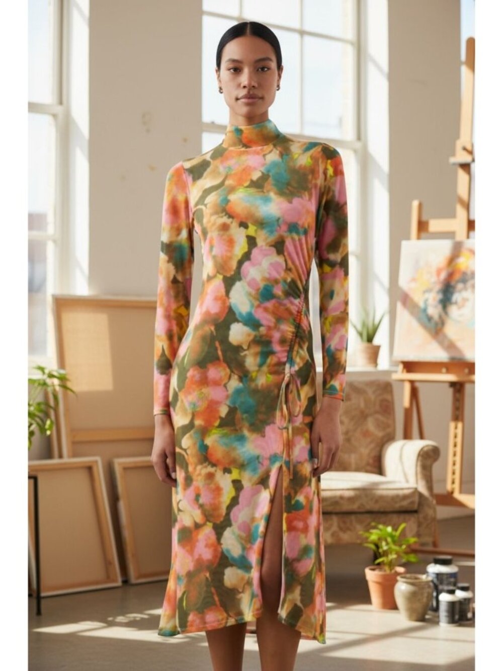 Rails Watercolor Floral Print Long-Sleeve Midi Dress With Ruched Detail & Side S
